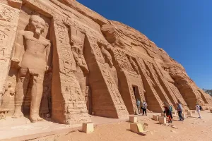 Nubia Prints: Exterior view of massive sculptures at the Temple of Hathor