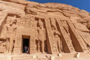Nubia Prints: Exterior view of massive sculptures at the Temple of Hathor