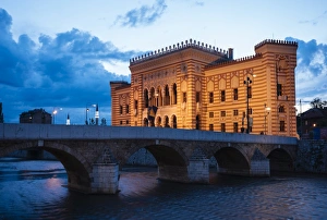 Town Hall Prints: Exterior of Vijecnica (City Hall) at dusk, Old Town, Sarajevo, Bosnia and Hercegovina