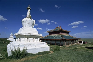 Ovorkhangai Prints: Exterior of white stupa (pagoda) and monastery building