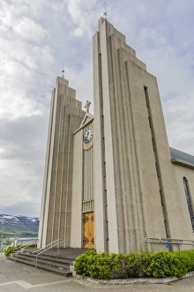 Lutheran Prints: External view of the Lutheran Church of Akureyri, Akureyrarkirkja, Iceland, Polar Regions