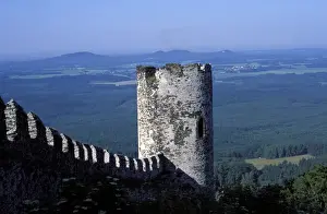 Watch Tower Prints: Extterior of tower and wall of Bezdez Castle with landscape of valley below