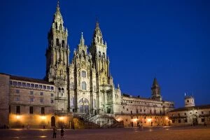 Facade of cathedral seen from Praza do Obradoiro floodlit at night, Santiago de Compostela