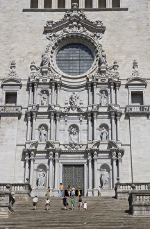 Doorways Prints: Facade of Cathedral, wide view, old town, Girona, Catalonia, Spain, Europe