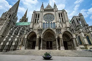Sculptures Prints: Detail of the facade and entrance of the Cathedral of Chartres in France with intricate designs
