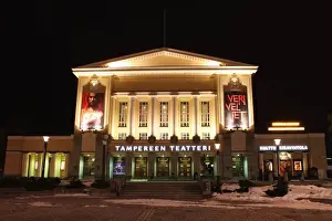 Facade of Tamperes Theatre (Tampereen Teatteri) on the Central Square (Keskustori), at night, in Tampere, Pirkanmaa, Finland, Scandinavia, Europe