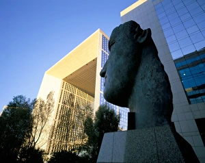 La Defense Prints: Face sculpture and La Grande Arche, La Defense, Paris, France, Europe