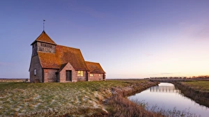 Marsh Prints: Fairfield Church (St. Thomas a Becket Church) at dawn, Romney Marsh, near Rye, Kent