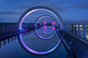 Nighttime Prints: The Falkirk Wheel on the Union Canal illuminated at night