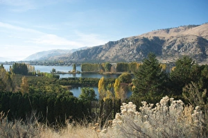 Agricultural Prints: Fall colors on river in rocky agricultural valley, Methow Valley, Washington State