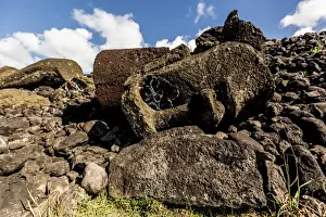 Anthropomorphic Face Prints: Fallen moai head and red scoria topknot at Ahu Akahanga on Easter Island (Isla de Pascua) (Rapa Nui)