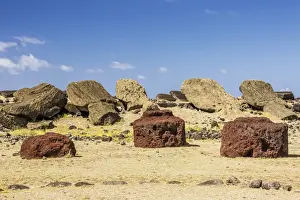Isla De Pascua Prints: Fallen moai and red scoria topknots at Ura Uranga Te Mahina ceremonial site on Easter Island (Isla de Pascua) (Rapa Nui)
