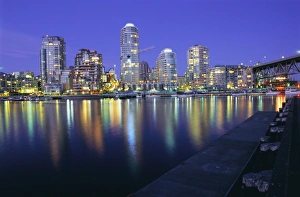 Stick Prints: False Creek, night skyline, Vancouver, British Columbia (B. C. ), Canada, North America