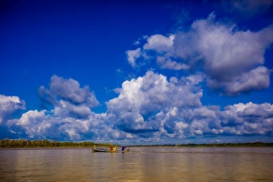 Canoe Prints: Family on a canoe, Amazon River, Iquitos, Peru, South America