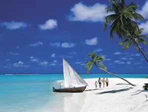 Family walking on tropical beach, Maldives, Indian Ocean, Asia