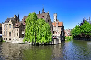 Bruges Prints: Famous canal of Rozenhoedkaai and the Belfry in the background