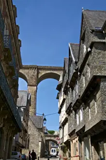 Famous houses in Ange de Guernisac street with Viaduct in the background, Morlaix, Finistere, Brittany, France, Europe