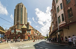 Sydney Prints: Famous Market city building in Sydney with people around walking, Sydney, New South Wales