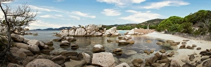 Corsica Prints: Famous Palombaggia beach with rocks at sunset, Island of Corsica, France