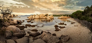 Adventures Prints: Famous Palombaggia beach with rocks at sunset, Island of Corsica, France