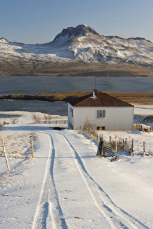 Farm in Borgarfjordur Eystri fjord, Mount Burfell, 464m, on east shore of Borgarfjordur in the distance, East Fjords, Iceland