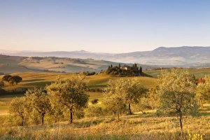 Farm house Belvedere at sunrise, near San Quirico, Val d Orcia (Orcia Valley), UNESCO