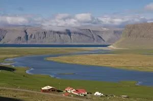 Images Dated 11th June 2009: Farm in the typical landscape in fjord, Patreksfjordur, Iceland, Polar Regions