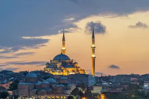 Famous Landmarks Prints: Fatih Mosque and Zeyrek Mosque against sky at twilight