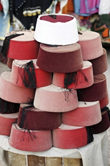 Souks Prints: Felt hats and clothes for sale in the souk, Marrakesh, Morocco, North Africa, Africa