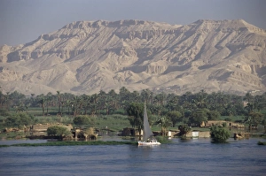 Felucca on the River Nile, looking towards Valley of the Kings, Luxor, Thebes