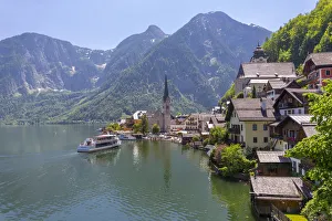 Public Transportation Prints: Ferry arriving at Hallstatt village, UNESCO World Heritage Site, Salzkammergut region