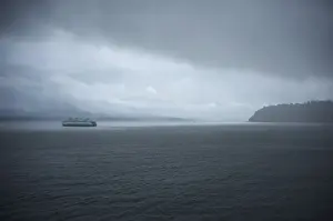 Seattle Prints: A ferry boat moves through stormy weather from Vashon Island to West Seattle