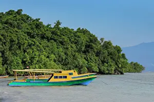 Ferry boats moored on the central bay of this coral fringed holiday and scuba dive destination, Bunaken Island, North Sulawesi, Indonesia, Southeast Asia, Asia