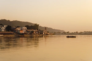 Haridwar Prints: Ferry crosssing the River Ganges at sunset, Haridwar, Uttaranchal, India, Asia