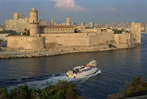 Marseille Prints: Ferry passing the old fortress, entering Marseille harbour, Bouches du Rhone