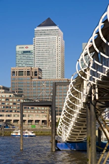 Docklands Prints: Ferry pier, Hilton Hotel and Canary Wharf, Docklands, London, England, United Kingdom