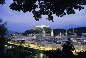 Flood Light Prints: Festung (fortress) Hohensalzburg at twilight, Salzburg, Salzburgland, Austria, Europe