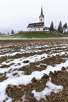 Fields ploughed in front of the church, Versam, Safiental, Surselva, Graubunden, Switzerland