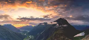 More Og Romsdal Prints: Fiery sky at sunset over Romsdalen and Venjesdalen mountains seen from Romsdalseggen