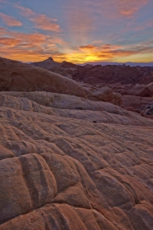 Fiery sunrise above sandstone formations, Valley of Fire State Park, Nevada, United States of America, North America