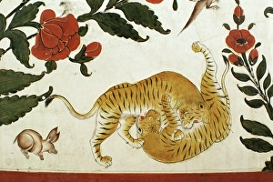 Rajput Prints: Detail of fighting tigers on painted dado in the Durbar