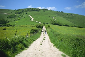 South Downs Prints: Figure on a pathway leading up a hill in the South Downs, near Lewes, Sussex