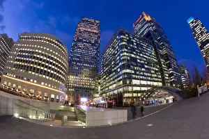 Docklands Prints: Financial District office buildings illuminated at dusk, Canary Wharf, Docklands