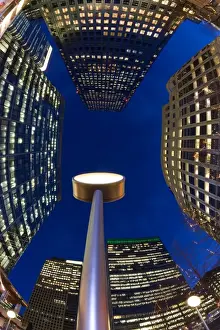 Financial District office buildings illuminated at dusk, Canary Wharf, Docklands