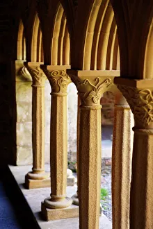 Cloisters Prints: Finely carved capitals in the Cloisters, Iona abbey, Isle of Iona, Scotland