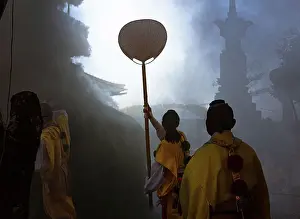 3 People Prints: Fire Festival in autumn showing Buddhist monks in smoke at Koyasan