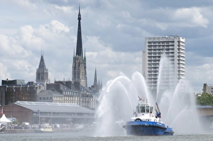 Images Dated 3rd July 2008: Fires boats on River Seine and Rouen cathedral behind, Rouen, Normandy, France, Europe
