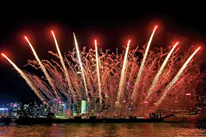 Entertainment Prints: Fireworks display at Victoria Harbour, Hong Kong, China