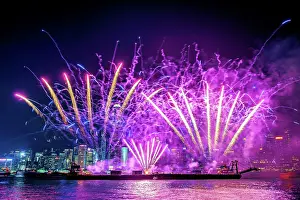 International Prints: Fireworks display at Victoria Harbour, Hong Kong, China