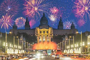 Montjuic Prints: Fireworks, Montjuic, Barcelona, Catalonia, Spain, Europe